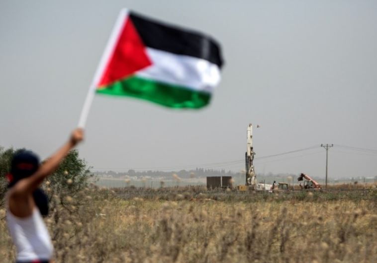 A Palestinian youth waves the national flag as the IDF digs in search of smuggling tunnels at the border east of Gaza City