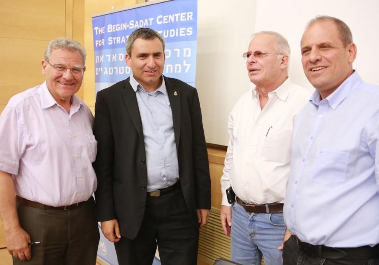 From left: Efraim Inbar, Jerusalem Affairs Ministe Ze'ev Elkin, Ehud Yaari, Maj.-Gen. (res.) Eitan Dangot