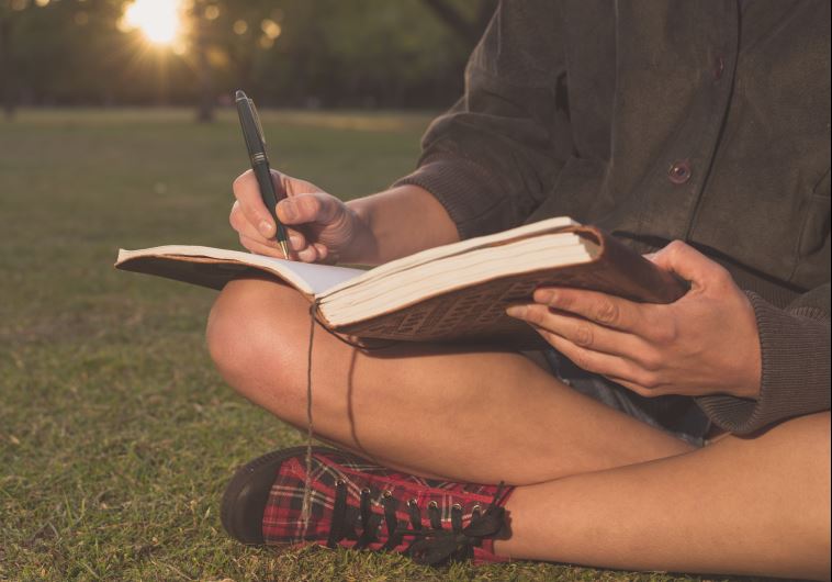 A young woman is sitting on the grass in a park at sunset and is writing in a notebook (illustrative)