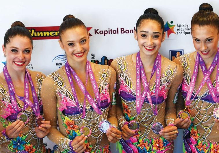 The members of Israel’s rhythmic gymnastics national team were understandably delighted on Sunday after claiming the gold medal in the clubs and hoops final at the European Championships in Holon.