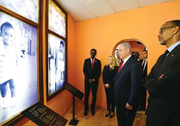 Prime Minister Benjamin Netanyahu and his wife, Sara, visit the remembrance site for the victims of the 1994 Rwanda genocide in Kigali, Rwanda, on July 6