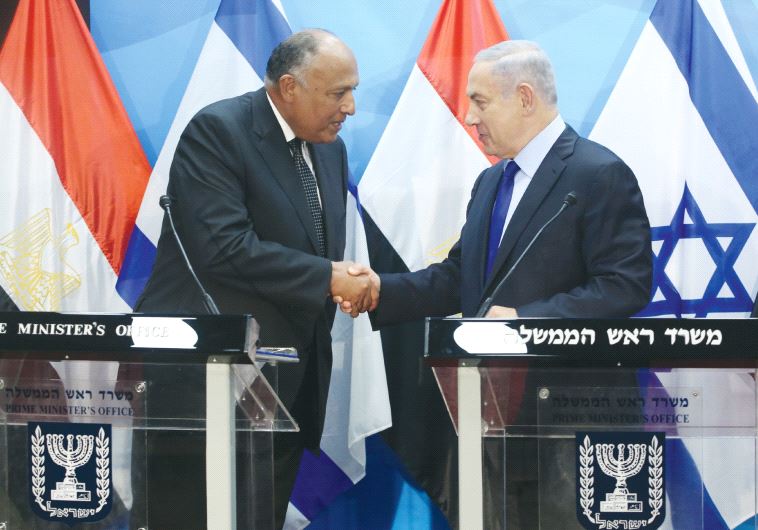 Prime Minister Benjamin Netanyahu welcomes Egyptian Foreign Minister Sameh Shoukry in Israel on July 10