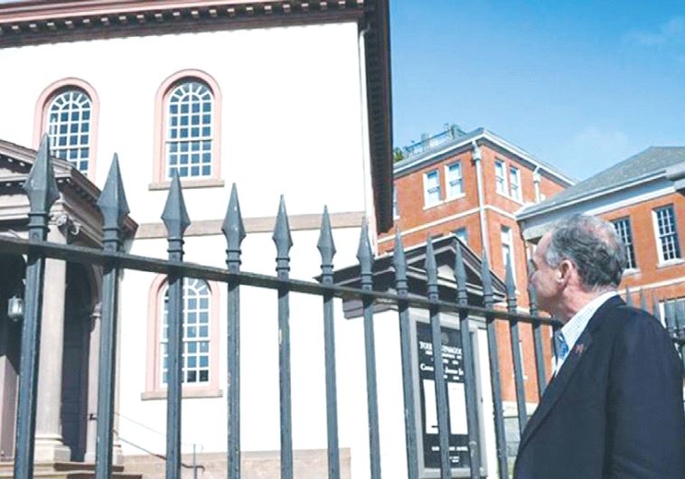 DEMOCRATIC VICE PRESIDENTIAL candidate Tim Kaine pauses outside the Touro Synagogue in Rhode Island last week.