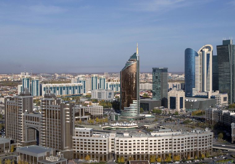 A general view of downtown with Kazakhstan's national oil company KazMunayGas (KMG) headquarters (front) in Astana, Kazakhstan.