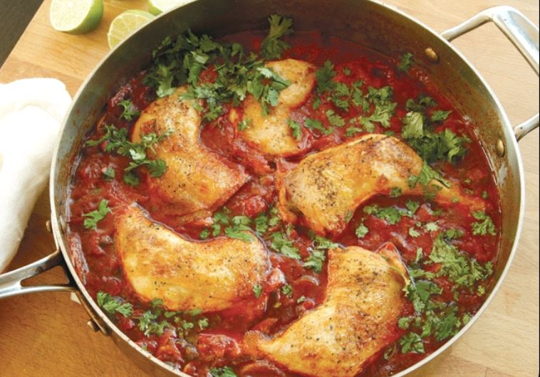 Skillet-braised Chicken with Tomatoes, Olives and Capers.