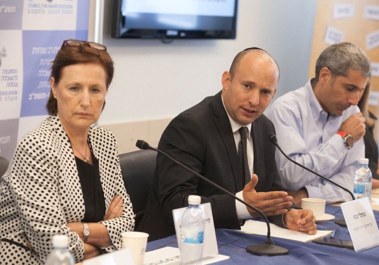 Education Minister Naftali Bennett discussing the new multi-year higher education plan. 