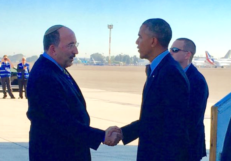 US President Barack Obama greeted by Dore Gold as he lands at Ben Gurion Airport