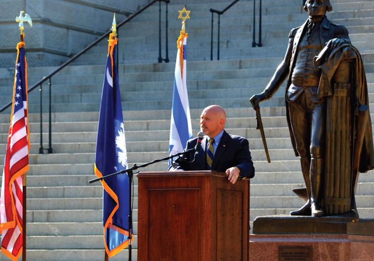 Rep. Alan Clemmons delivers an address from the steps of the South Carolina Statehouse in a speech given via satellite to the Restoring Courage rally in Jerusalem in 2011