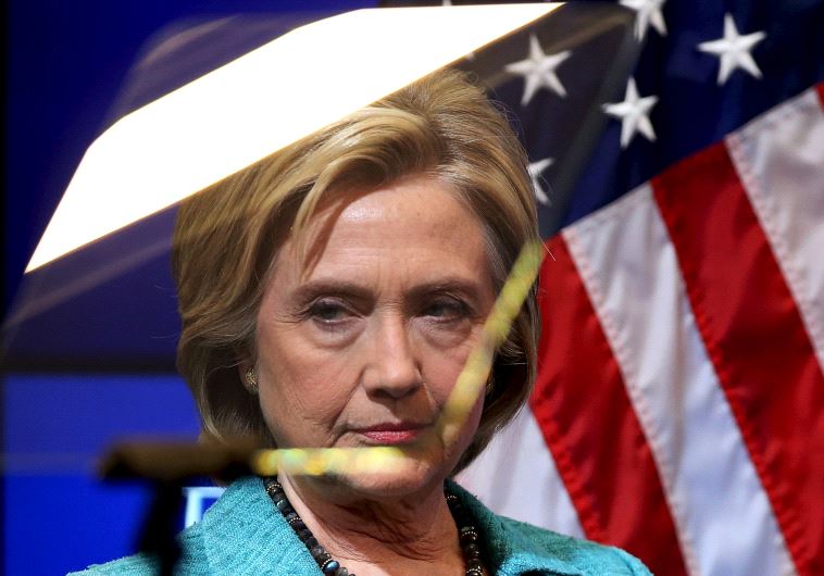 Democratic presidential candidate Hillary Clinton looks through a teleprompter before discussing the Iran nuclear agreement.