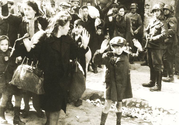 Jews forced out of bunkers by SS police during the Warsaw Ghetto uprising in 1943