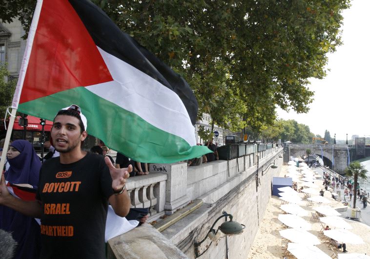 A man wearng a T-shirt with the message, "Boycott Israel Apartheid" holds a Palestinian flag during a protest.