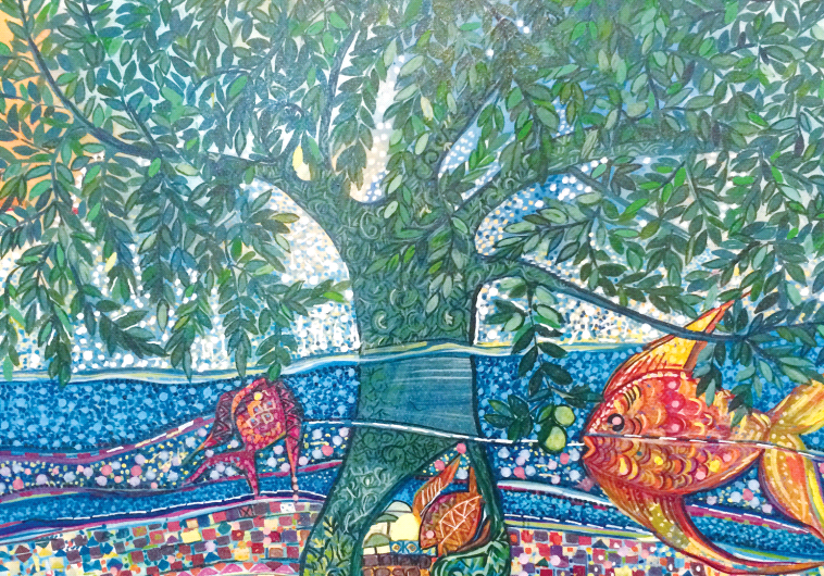 Paintings of olive trees at the Jaffa Art Salon