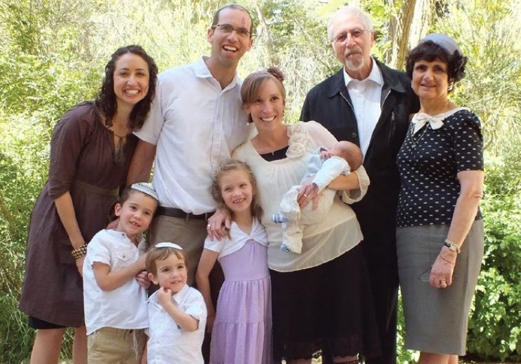 The writer (right) with her husband, Joe, and their family – (from left) daughter Elissa, son Josh, wife Elisheva and their four children – shortly before making aliya