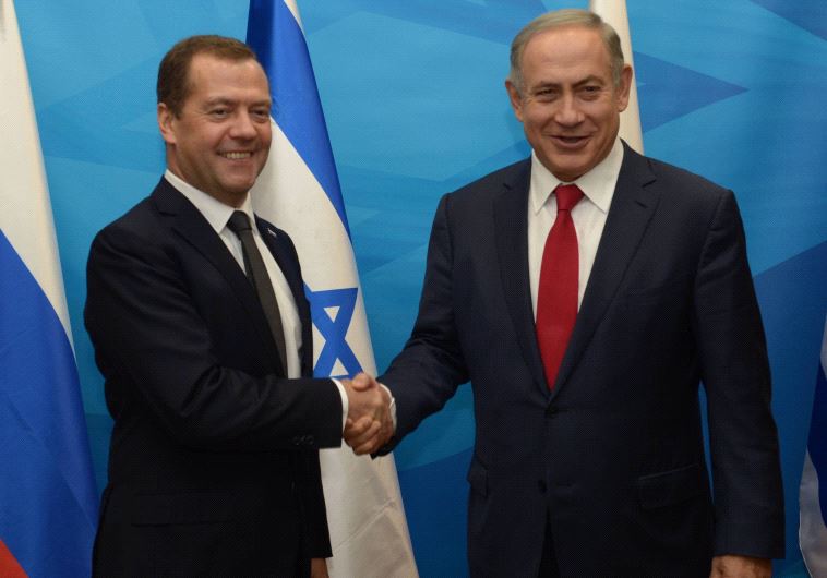 Israeli Prime Minister Benjamin Netanyahu holding talks with Russian Prime Minister Dmitry Medvedev.