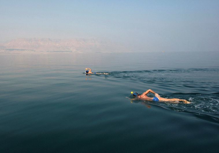ENVIRONMENTAL ACTIVISTS take part in the Dead Sea Swim Challenge, swimming on Tuesday from the Jordanian to the Israeli shore.