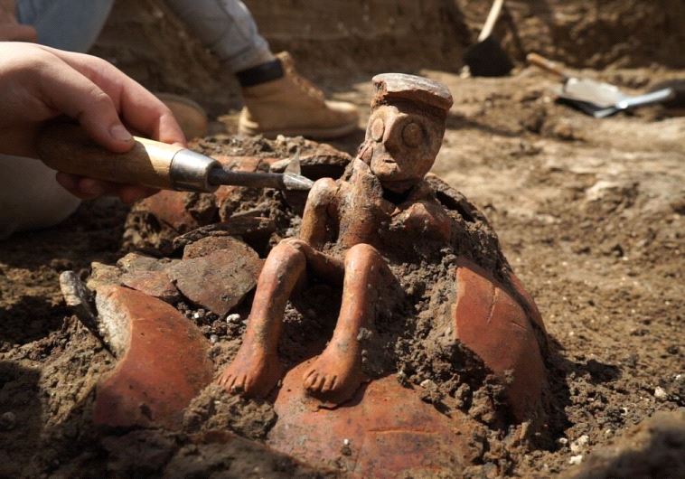 The jug when it was exposed in a field in Yehud, near Tel Aviv