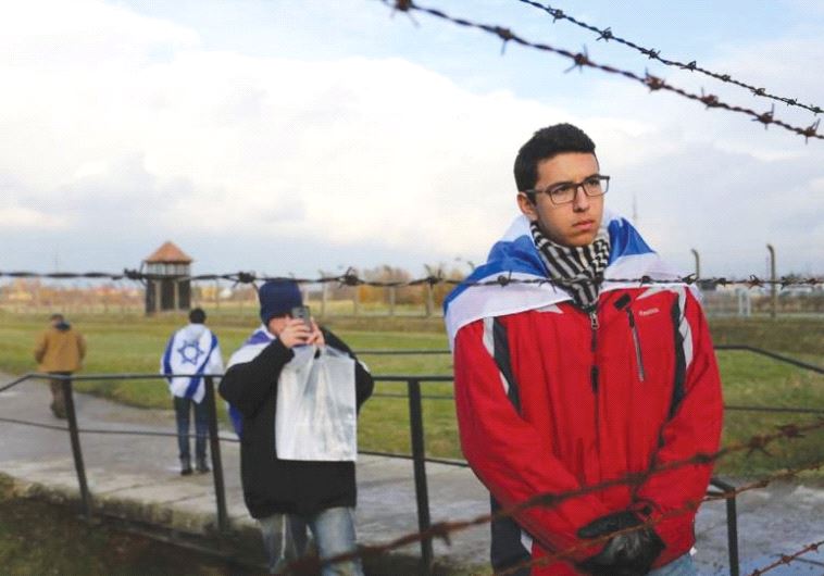 The writer’s son looks out of Birkenau towards the train tracks, where his grandfather had been a prisoner