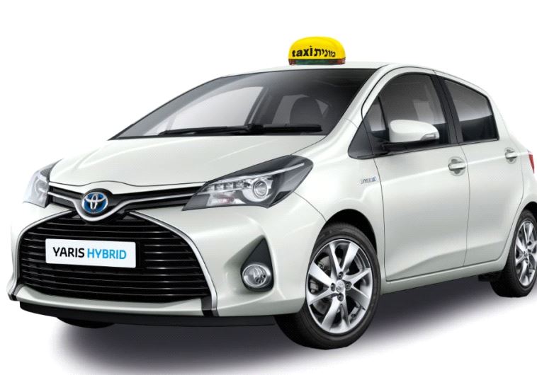 A depiction of a hybrid Israeli taxi of the model type Toyota Yaris