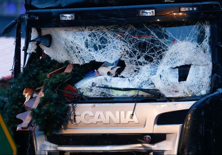 A damaged windscreen of a truck which ploughed through a crowd at a Christmas market in Berlin, Germany, December 20, 2016