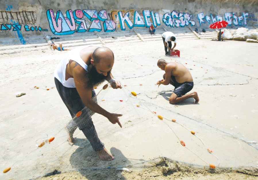 Men release fish from their net on a Tel Aviv-Jaffa beach
