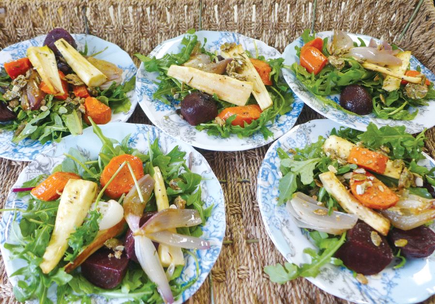 Roasted root vegetable salad with spiced pumpkin seeds