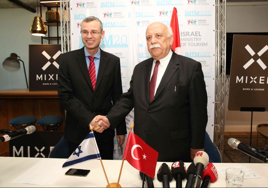 Yariv Levin and Turkish Culture and Tourism Minister Nabi Avci meet at the the opening of the International Mediterranean Tourism Market on February 7, 2017