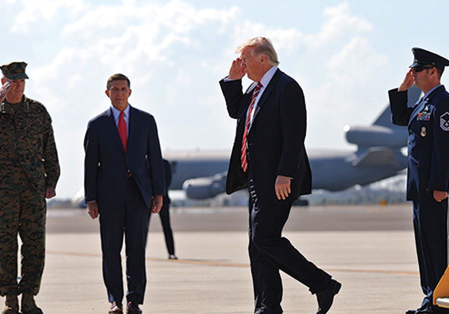US PRESIDENT Donald Trump salutes as he arrives at MacDill Air Force Base in Tampa, Florida, on Monday