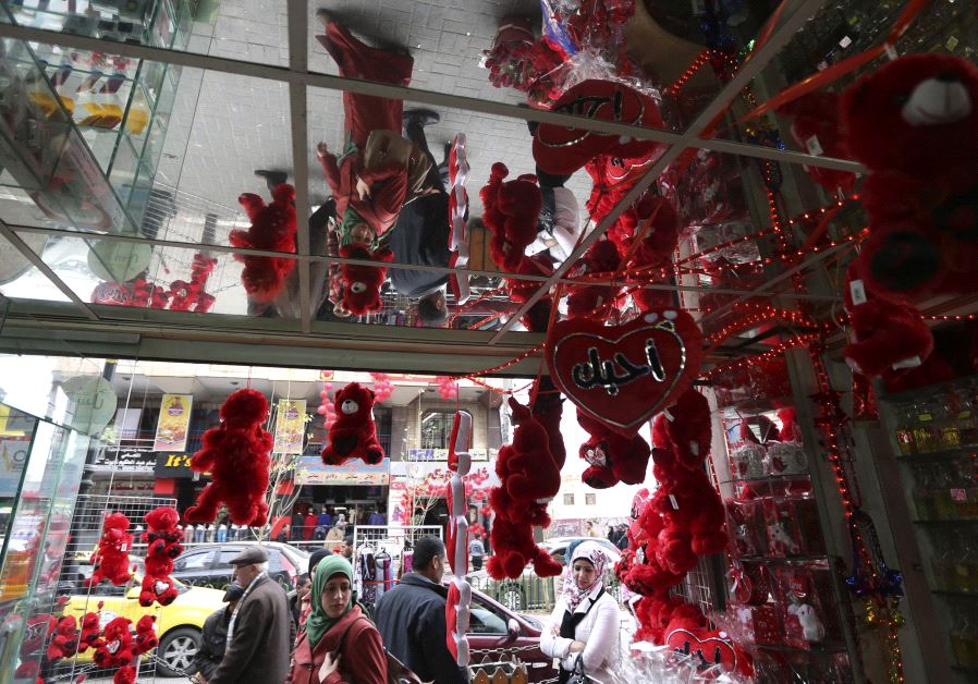 The entrance to a store selling gifts for Valentine's Day in Ramallah