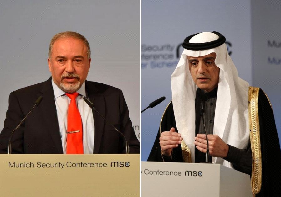 Defense Minister Avigdor Liberman (L) and Saudi Arabia's Foreign Minister Adel al-Jubeir address the 53rd Munich Security Conference in Munich, Germany, February 19, 2017