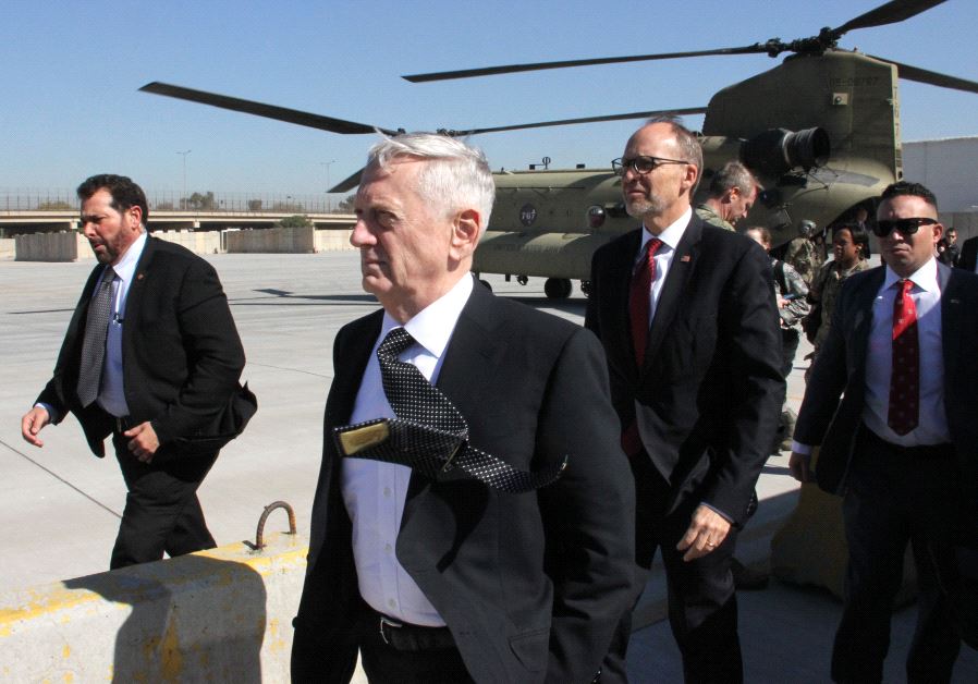 The new Pentagon chief and US Secretary of Defence, James Mattis (C), arrives in the Iraqi capital Baghdad, on February 20, 2017