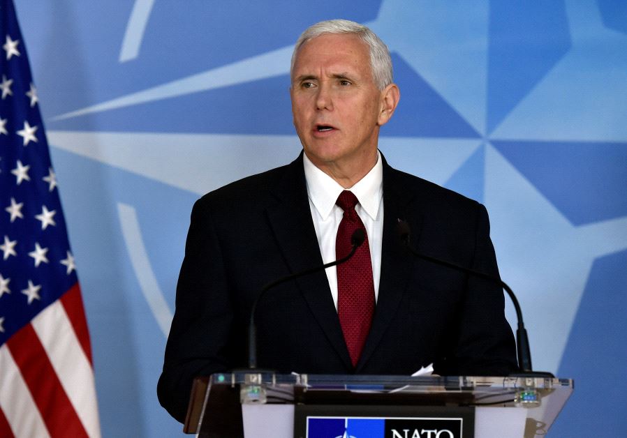 Vice President Mike Pence gives a statement after a meeting at the NATO headquarters in Brussels, Belgium, February 20, 2017. 
