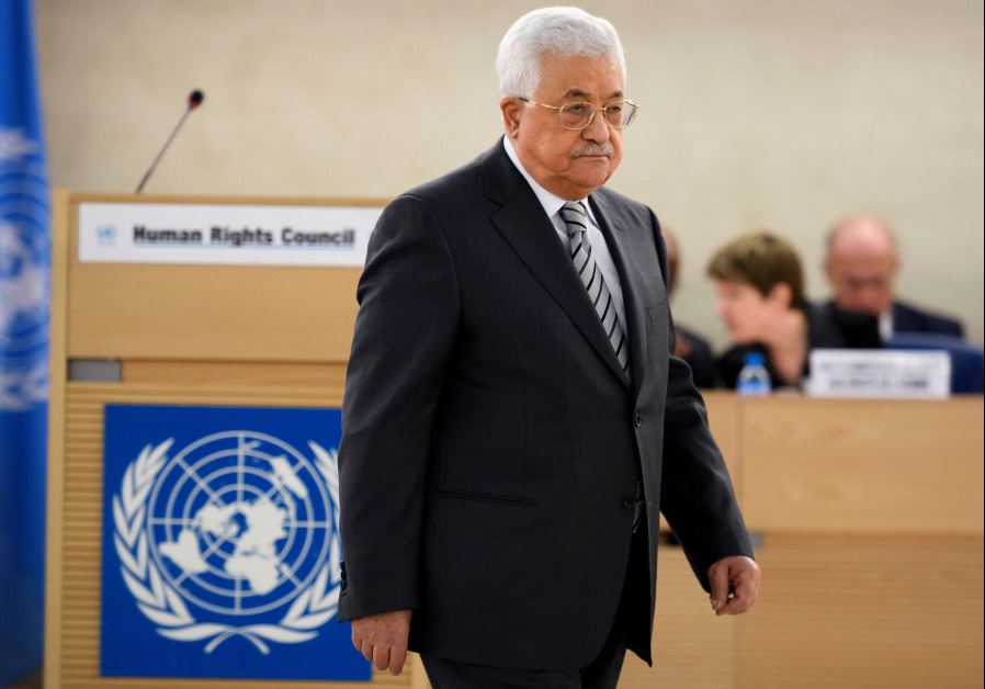 Palestinian President Mahmud Abbas arrives to delivers a speech during the United Nations Human Rights Council on February 27, 2017 in Geneva