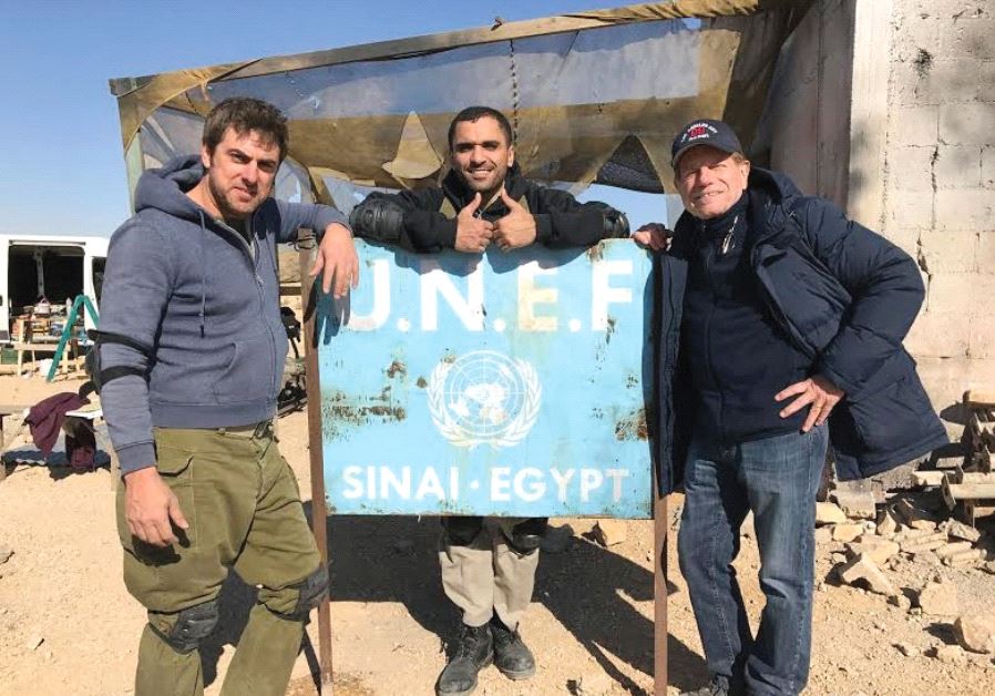 ACTORS YIFTACH KLEIN (left) and Sammy Sheik (center) with director Mike Burstyn on the set of ‘Azimuth