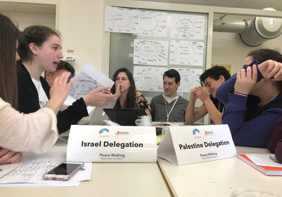 Students broke up into Israeli and Palestinian delegations and negotiated peace deals at the Charney Resolution Center in Kfar Hayarok