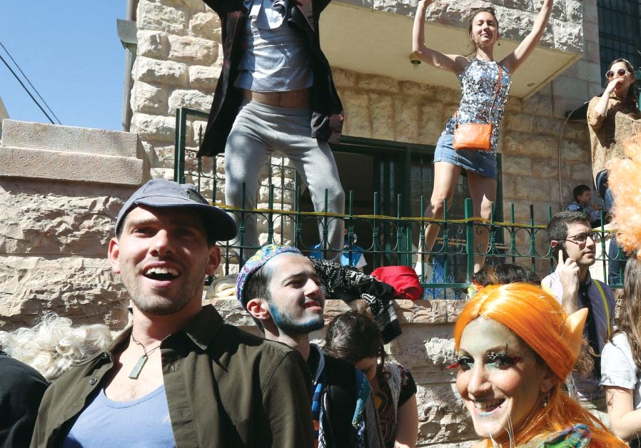 A Purim street party in Jerusalem’s Nahlaot neighborhood.