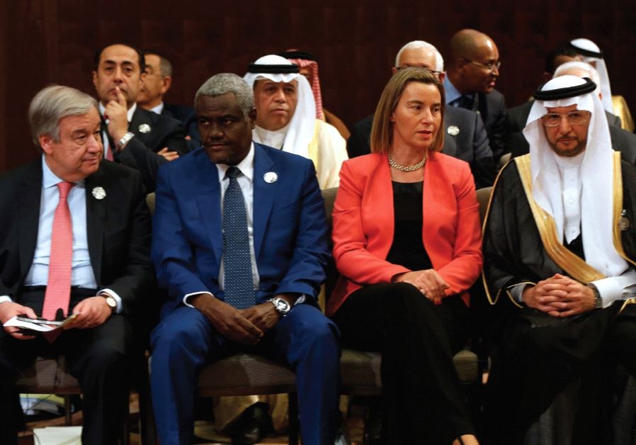 ATTENDING THE Arab League Summit in Jordan yesterday are, front row from left, UN Secretary-General Antonio Guterres, African Union Commission Chairman Moussa Faki Mahamat, EU foreign policy chief Frederica Mogherini and Organization of Islamic Cooperation Secretary-General Yousef bin Ahmed al-Othai
