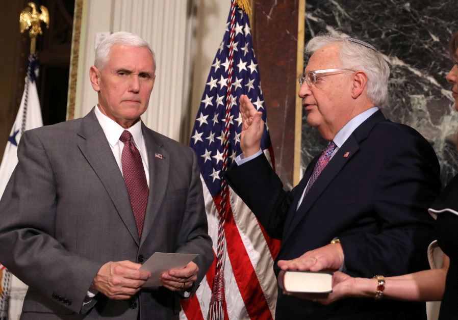 Vice President Mike Pence hosts a swearing in ceremony for US Ambassador to Israel David Friedman (C) at the Executive office in Washington, US, March 29, 2017