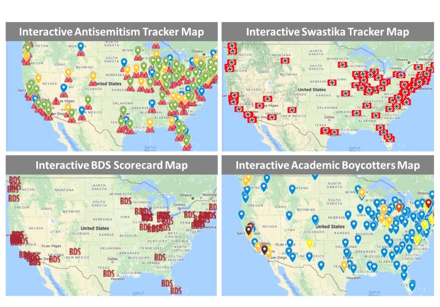 Interactive maps created by AMCHA Initiative that flag campus antisemitism