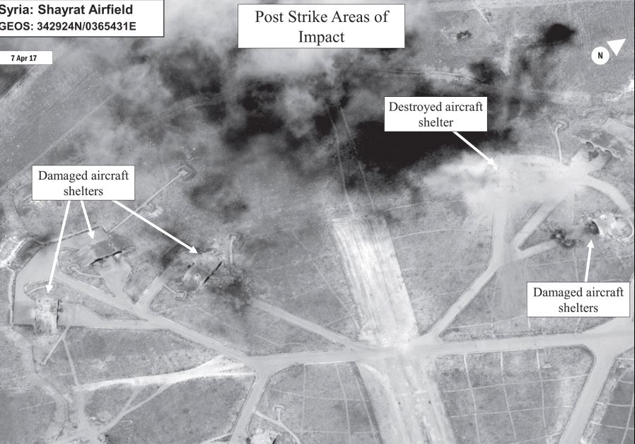 A battle damage assessment image of Shayrat airfield is seen following Friday’s Tomahawk Land Attack Missile strikes from US Navy destroyers ‘USS Ross’ and ‘USS Porter’