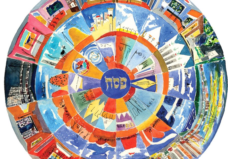 In his illuminated ‘Moriah Haggada,’ artist Avner Moriah compares the ‘simanim’ with the Exodus narrative in this vibrantly colorful roundel.