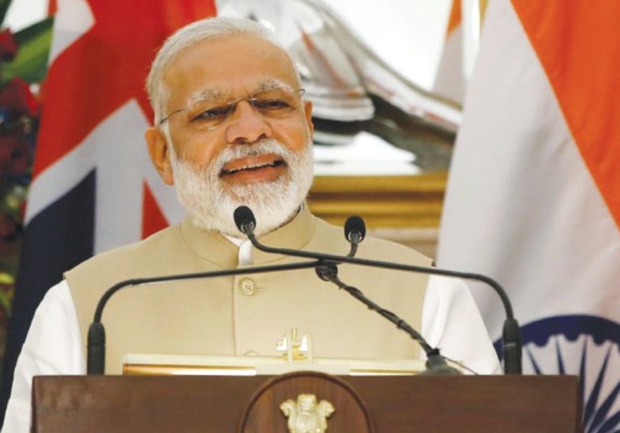 INDIAN PRIME MINISTER Narendra Modi speaks at Hyderabad House in New Delhi