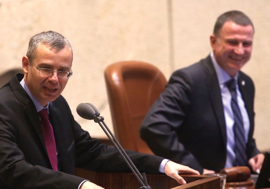 TOURISM MINISTER Yariv Levin addresses the Knesset plenum on behalf of the government, as Knesset Speaker Yuli Edelstein looks on.