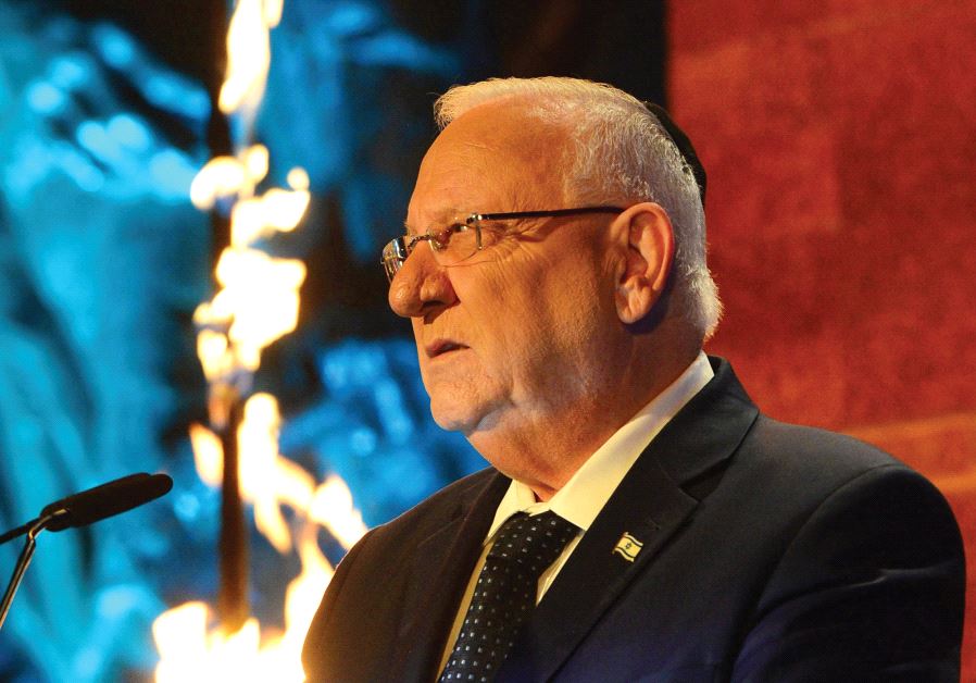 PRESIDENT REUVEN RIVLIN addresses the Holocaust Remembrance Day opening ceremony at Yad Vashem on Sunday