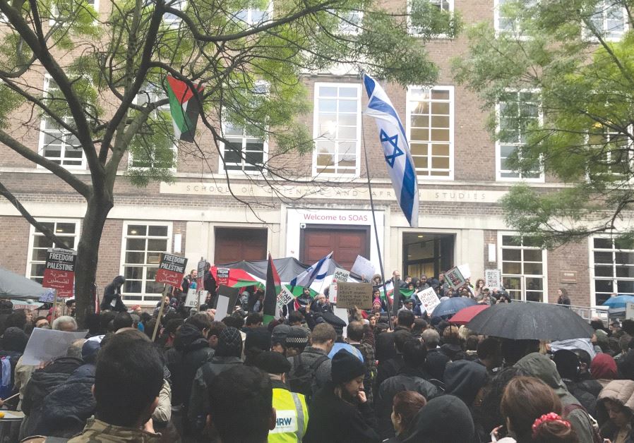 Protesters and counter-protesters gather outside London’s School of Oriental and African Studies