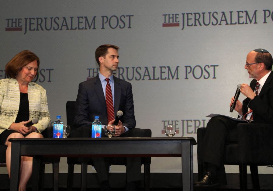 Republican Senator Deb Fischer (left) and Senator Tom Cotton, a Republican from Arkansas at The Jerusalem Post's annual conference in New York
