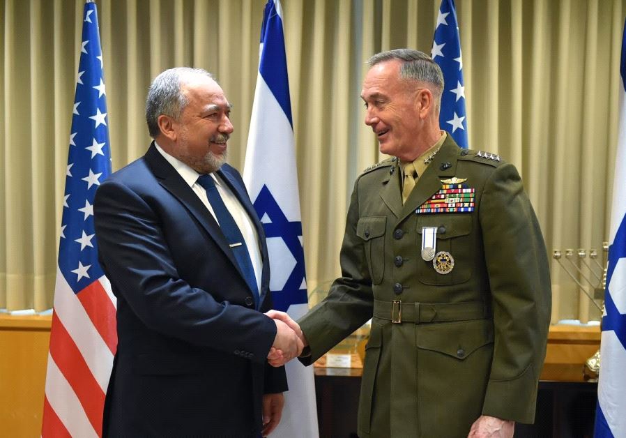 Defense Minister Avigdor Liberman meets with US Army General Joseph Dunford, Chairman of the Joint Chiefs of Staff, in Jerusalem, May 9, 2017