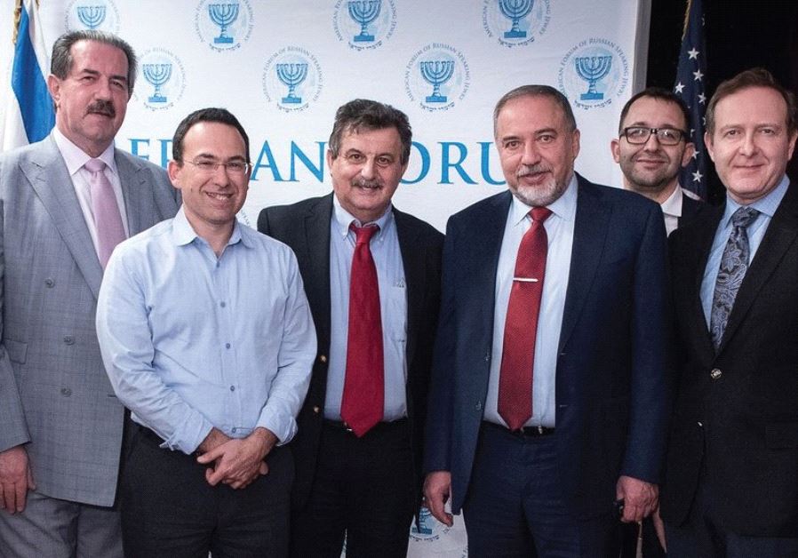 THE LEADERSHIP of the American Forum for Israel with Defense Minister Avigdor Liberman. From right to left: Dr. Igor Branovan, Eugene Lekakh, Liberman, Dr. Dmitry Shiglik, Leonard Petlakh and Alex Rovt
