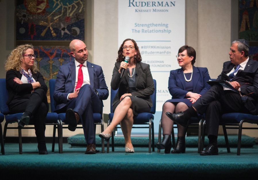THE FOUNDATION’S 2017 delegation at a town hall meeting in Boston. From left to right: Ayelet Nahmias-Verbin, Amir Ohana, Rachel Azaria, Tali Ploskov and Mickey Levy