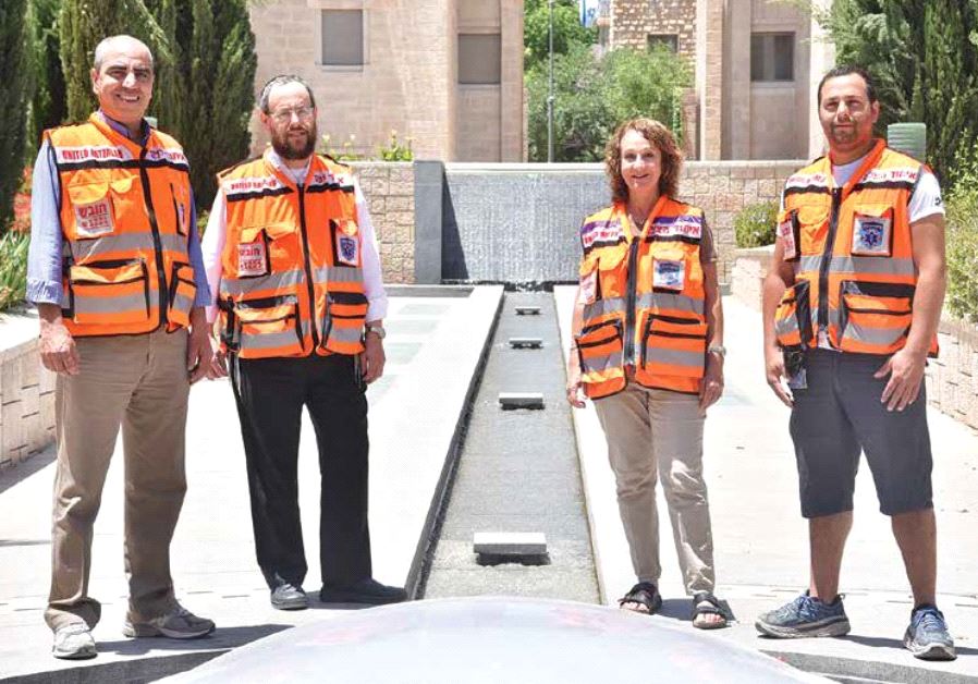United Hatzalah volunteers representing the diversity of its members, from left to right: Khaled Rishek, Rabbi Daniel Katzenstein, Allegra Mascisch, Moshe Mizrachi.