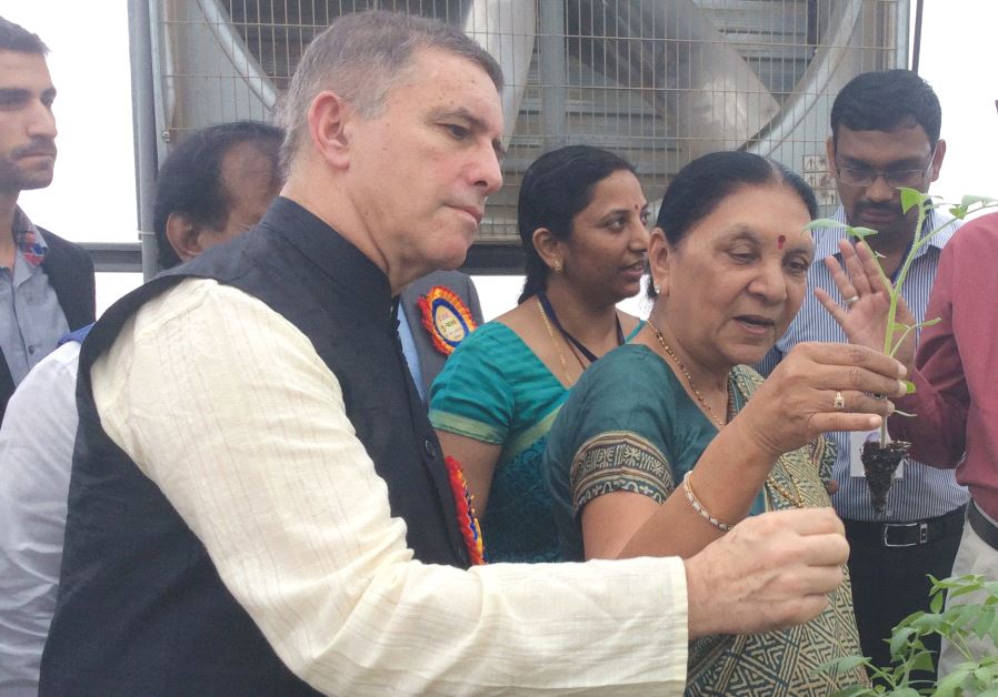 Ambassador Daniel Carmon (left) attends the inauguration of a Center of Excellence in Gujarat, India, with former Gujarat state chief minister Anandiben Patel in 2015